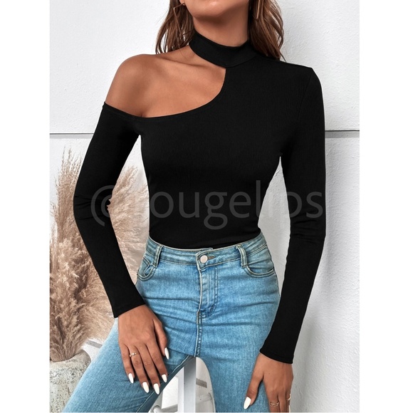 Black Off One Shoulder Asymmetrical Slim Fit Shirt Top Mock Neck - Picture 6 of 13